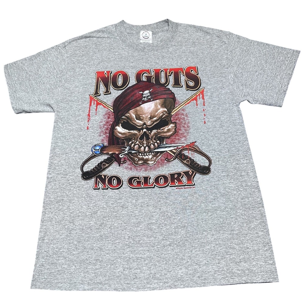 Vintage Y2K‎ No Guts No Glory Pirate Skull Sword Dagger T-Shirt Size Medium